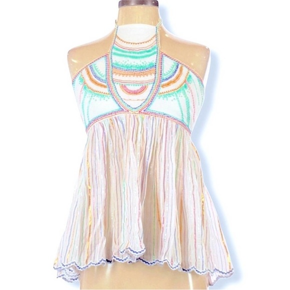 NWT Anthropologie Floreats Itzel Embroidered Crochet Spaghetti Strap Halter Top - Picture 3 of 10